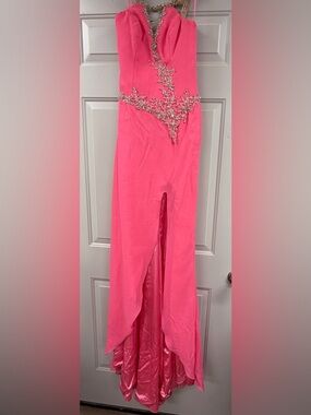 Strapless Hot Pink Gown with Gold Beaded Detail